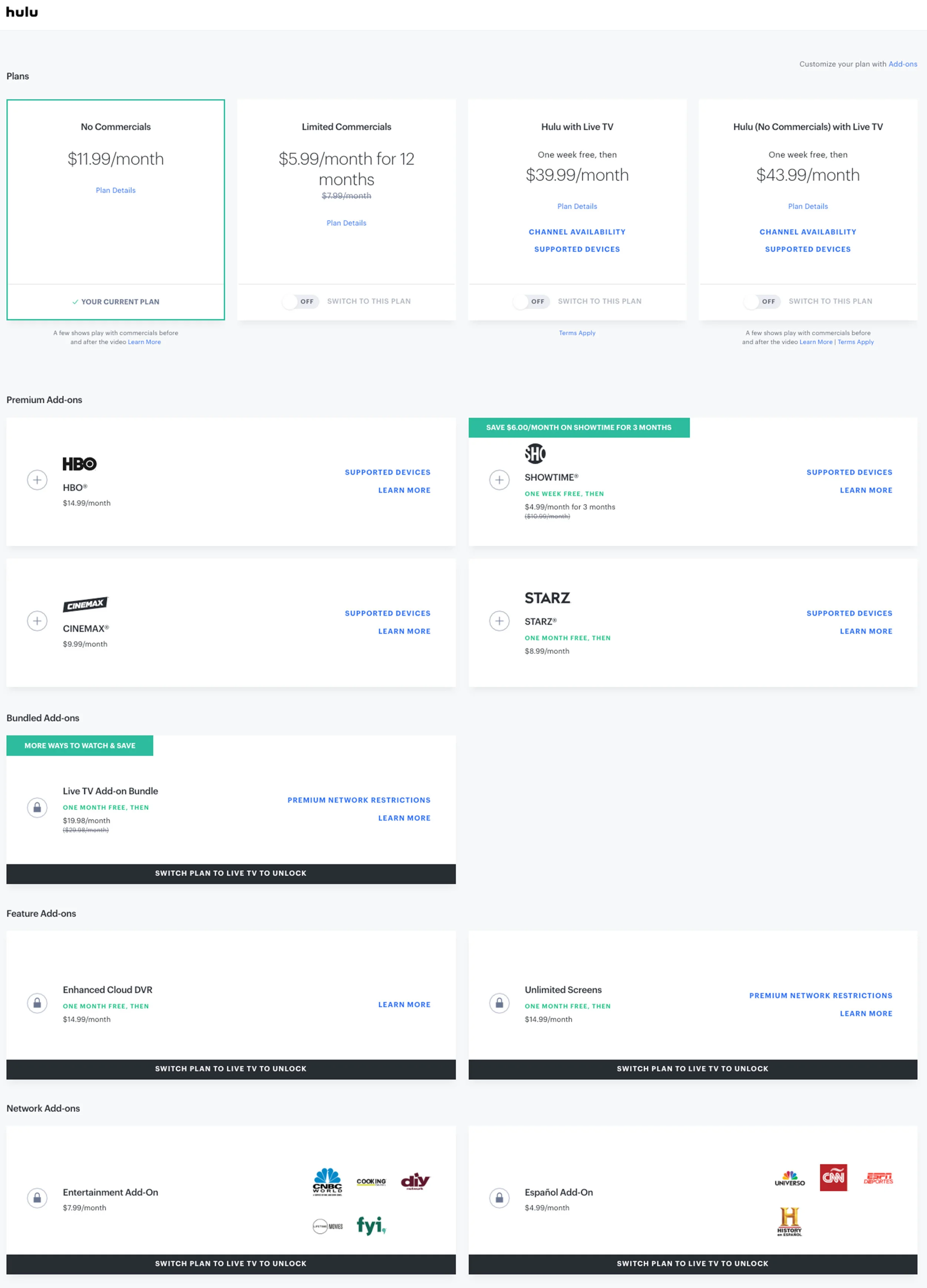 An example of the tiers of pricing available through Hulu