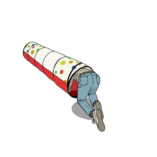 Been sitting on this drawing for months. Tried to be clever with it, couldn't figure out which direction to go, so now its just a senior man crawling into a kids tunnel 🤷 #quarantined #with #writers #block