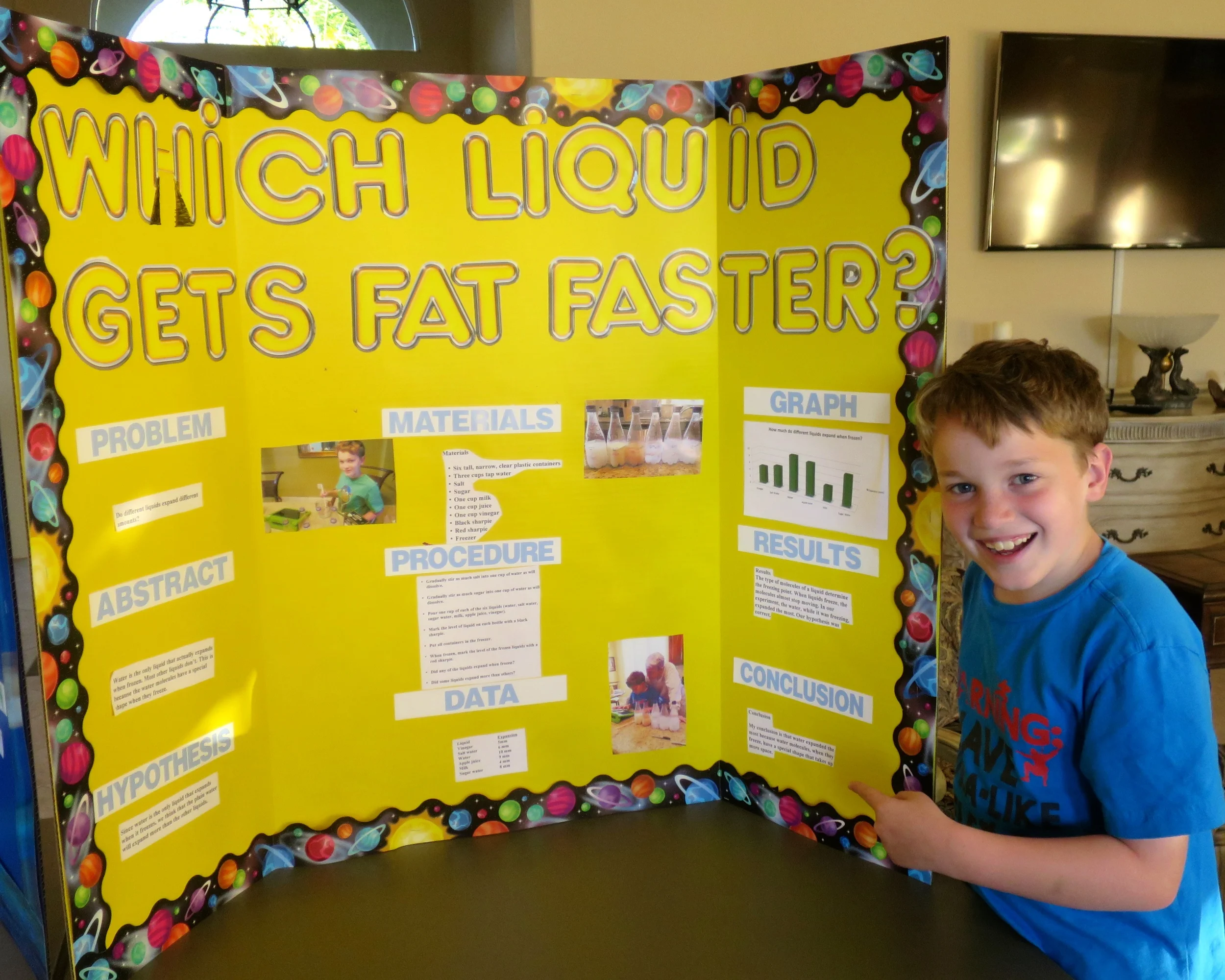 This was my board. We stapled on the outline of the board and glued everything else. &nbsp;There are pictures on the board of me doing the experiment. &nbsp;I have more data on the board.
