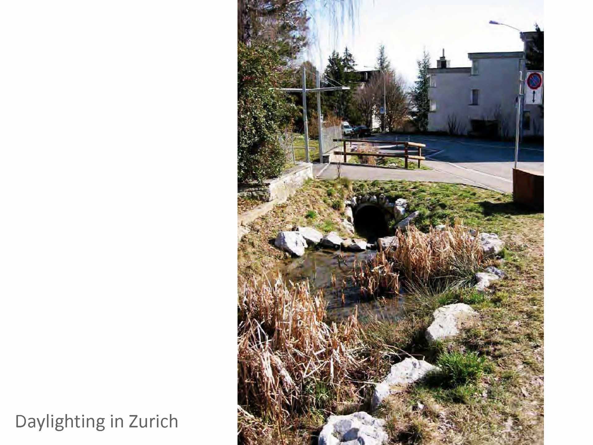  Zurich's constructed streams are designed to carry 3 to 5x the dry weather flow, with the excess going into the sewer.&nbsp; 