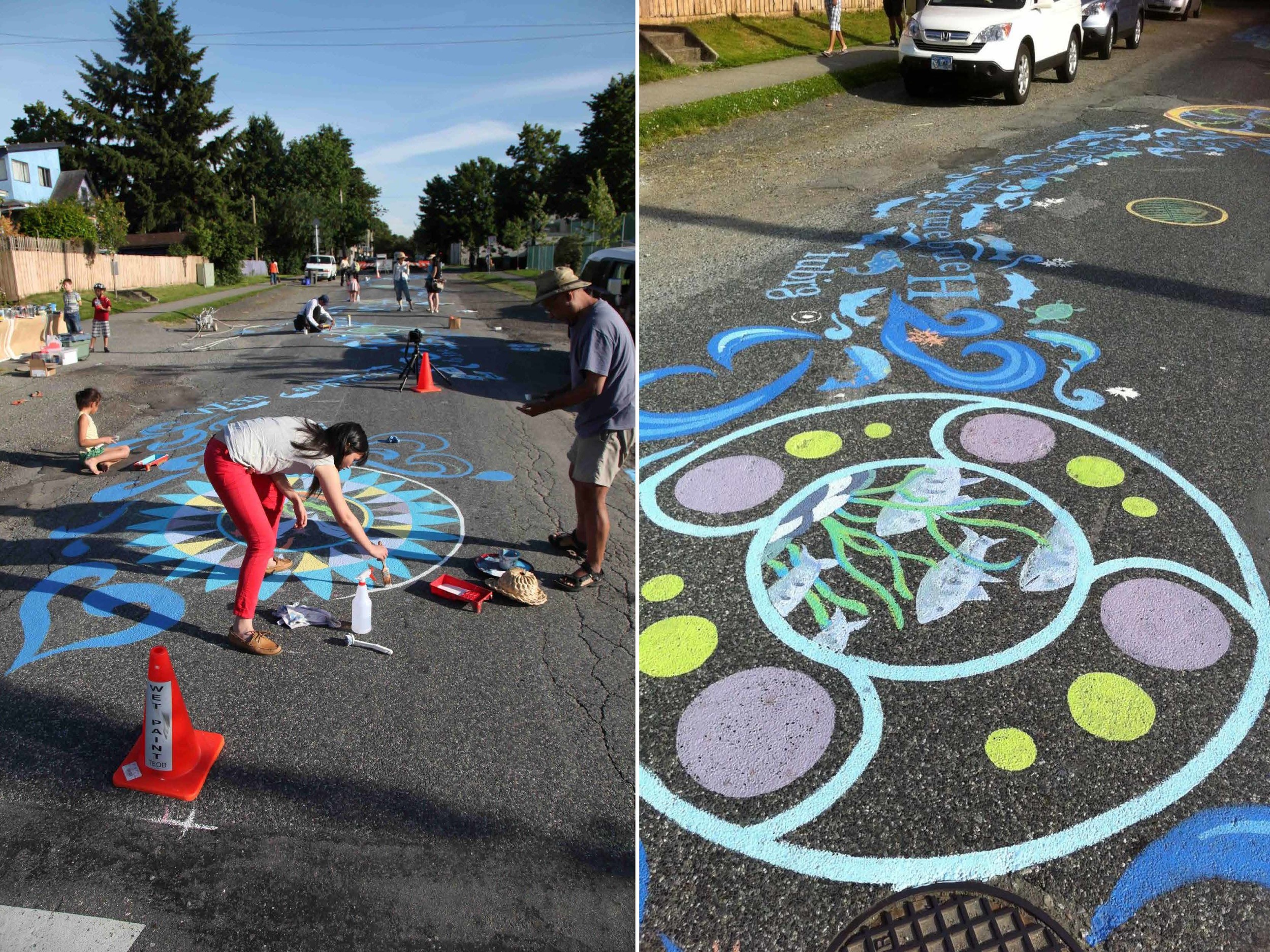 With participation by the children and other members of the community, the Rainway painted a mural along one block of St. George Street, by Mt Pleasant Elementary school in June of 2012. The mural highlights the life cycle of salmon and includes the words for water in languages spoken by neighbours.