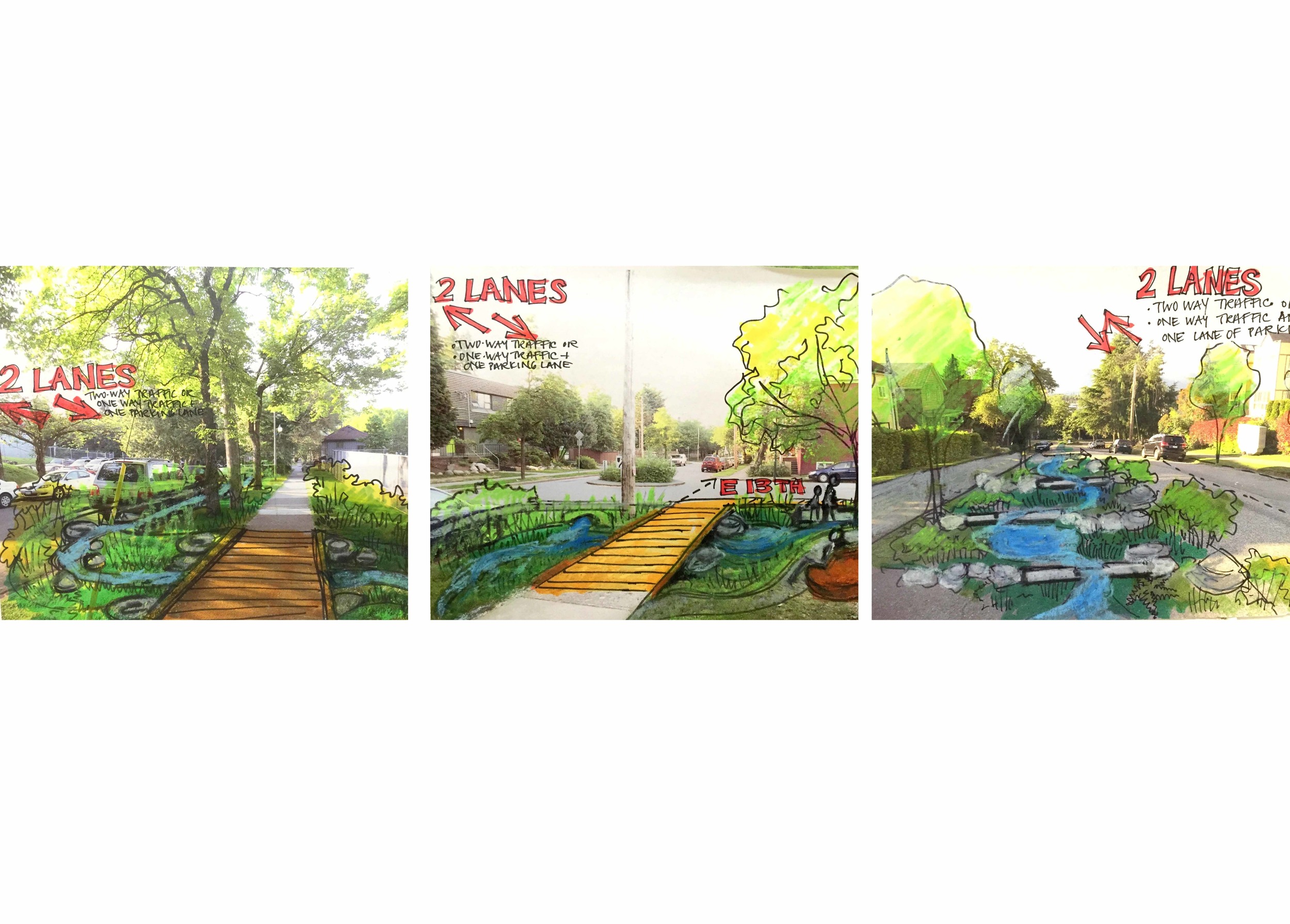 These sketches show what the character of the Rainway could be at a few points along the way.