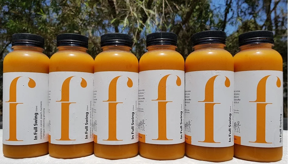 In Full Swing An earthy and delightful blend that contains beta-carotene and an array of other antioxidants in each mouthful. The addition of turmeric means this juice is an inflammation fighter and also helps to boost liver function * Mandarin, carrot, peach, turmeric,