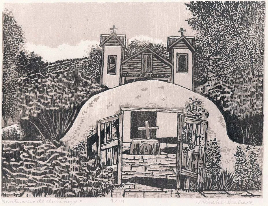 Santuario de Chimayo Woodblock print with image size 7x9 inches. Available in sepia tone as shown or grayish tone. Price is: $70 unframed. Fits into pre-made frame for 8x10 inch image. If framed in a wood ebony frame cost $15.00 additional.