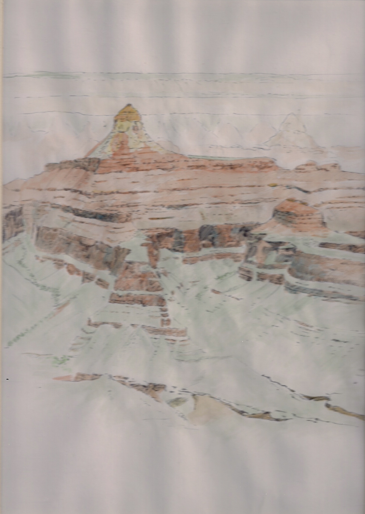 Pen and ink drawing of Buddha Temple in the Grand Canyon hand colored in watercolor. The pen drawing is made on one day and the next day same time the pen drawing is hand painted with watercolor for a vignette final piece. Drawing size is 7 1/2" by 10 1/2" in a 12"x 15 3/4" mat cost $75.00