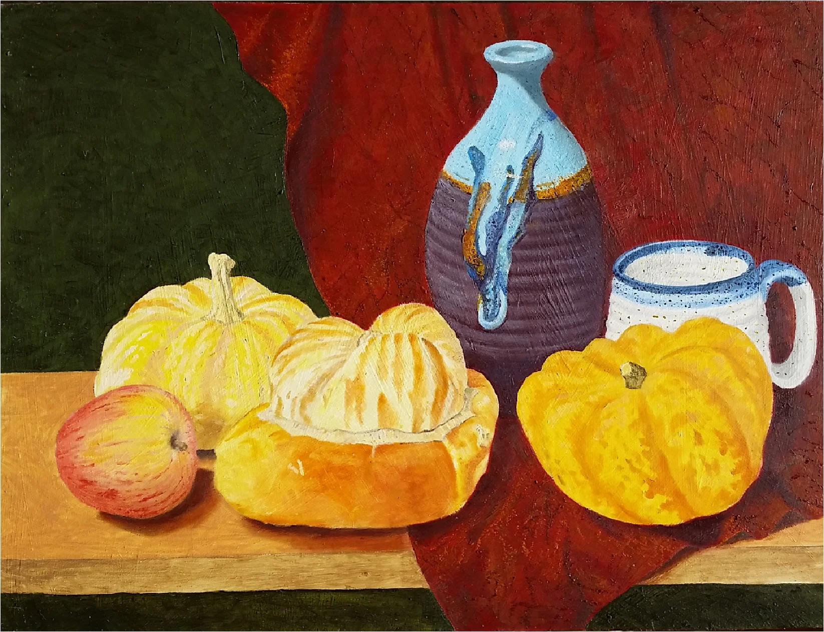 Fall Still life of Gourds, apple and Ceramics