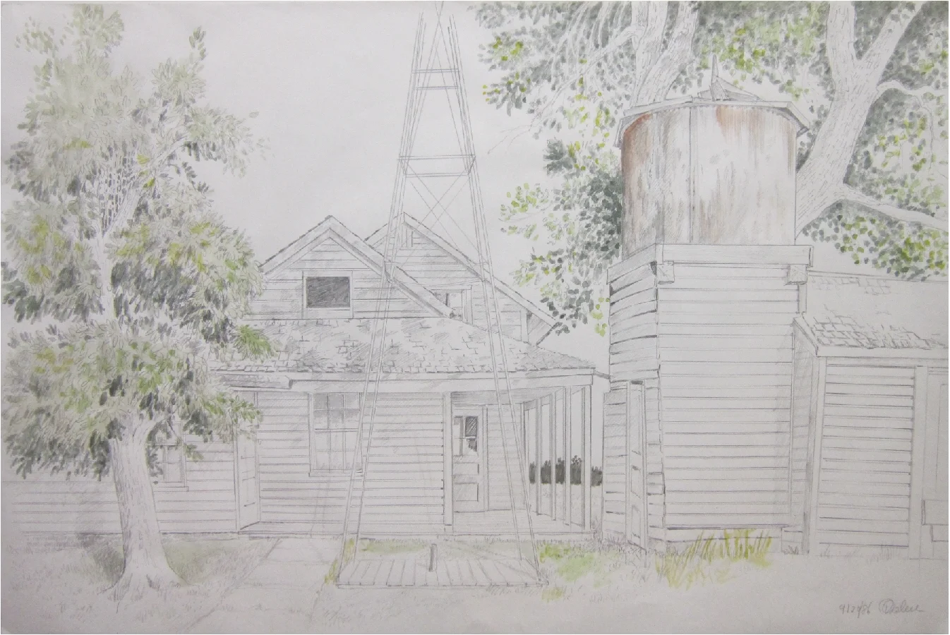 Close View of Tivoli Dairy House, Windmill, Water Tower, Trees and Shed