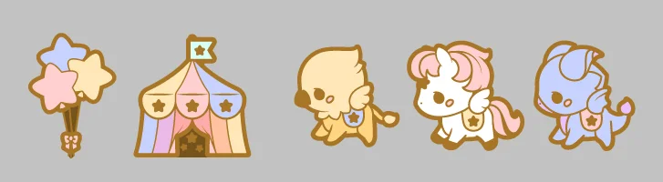 Designs for a "Mythical Circus" themed enamel pin set