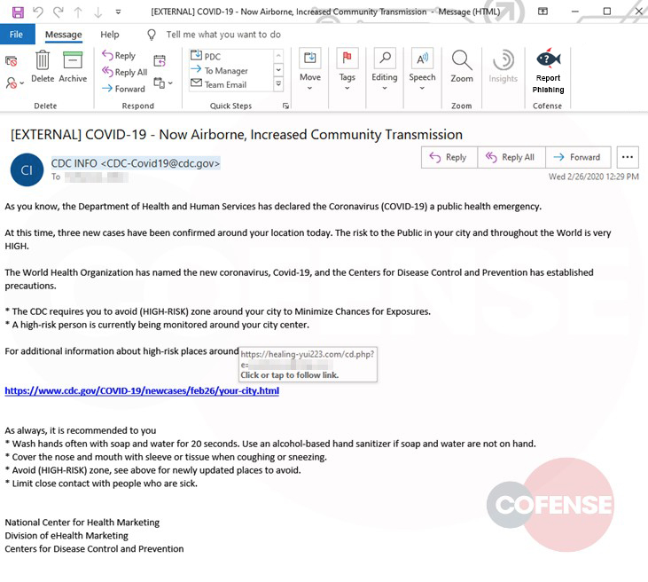 Cofence example of phishing email that looks to be sent from the CDC.