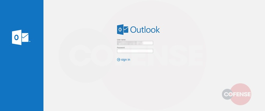Cofence example of malicious Outlook-themed login page that is managed by the phishing attacker.