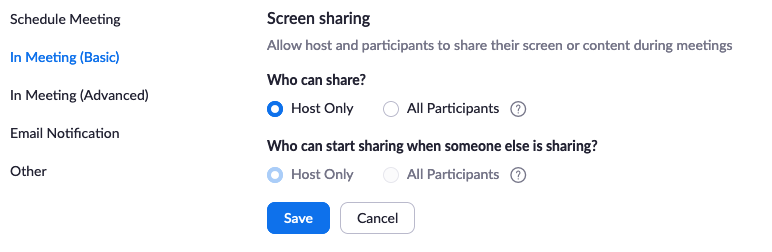 Ensure that only the host can share his or her screen