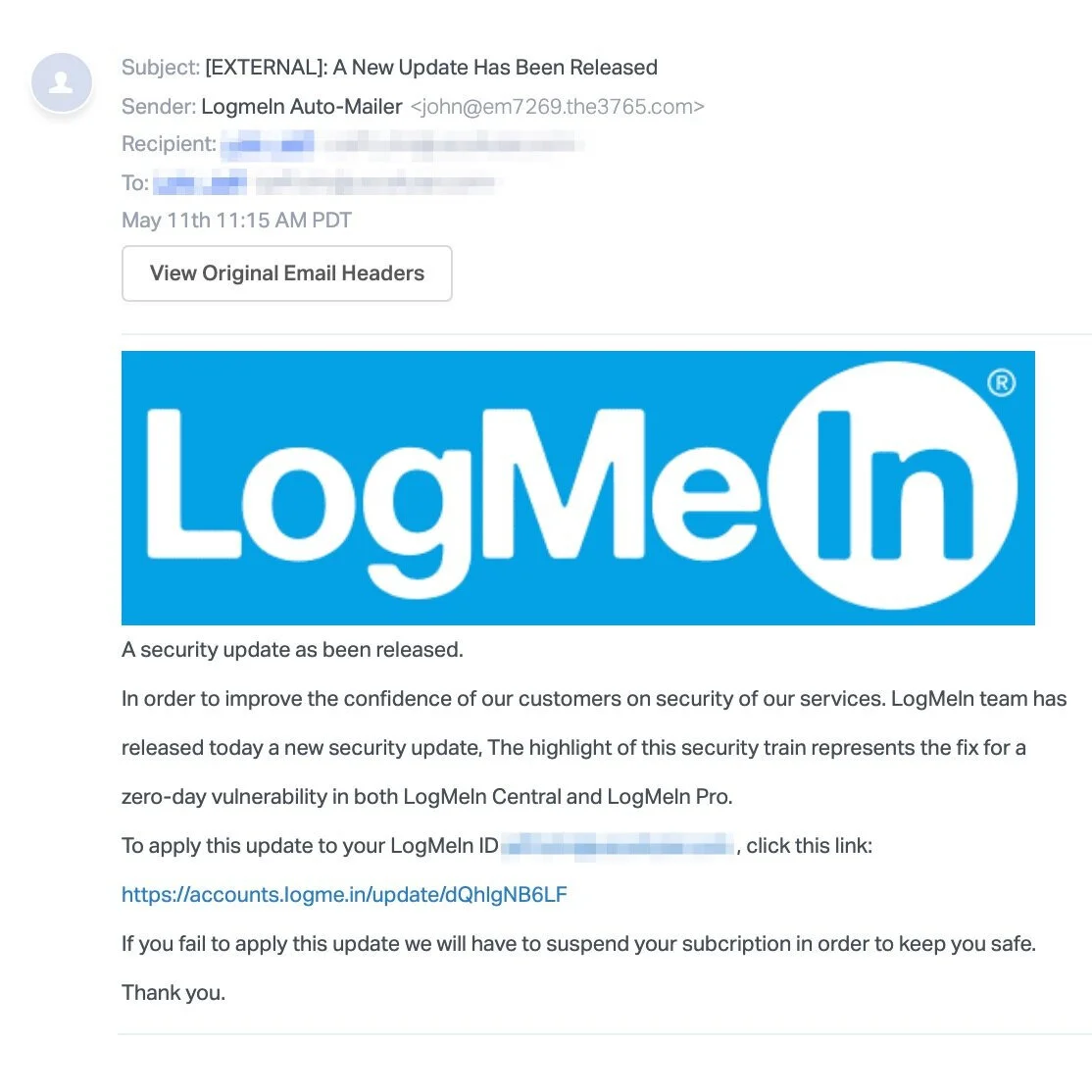 Phishing example from Abnormal Security
