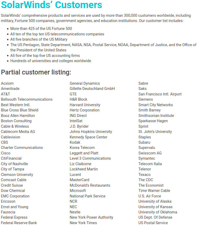Screenshot of SolarWinds customers as reported by KrebsOnSecurity
