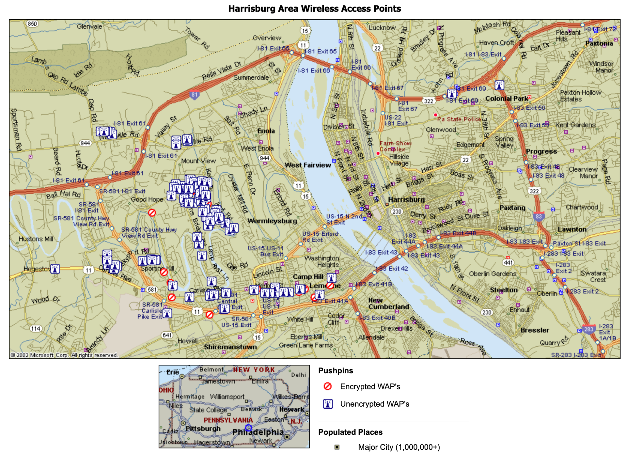 Harrisburg-area street map with markers for wireless access points observed in 2002; red indicates WEP identified and blue indicates no WEP indicated.