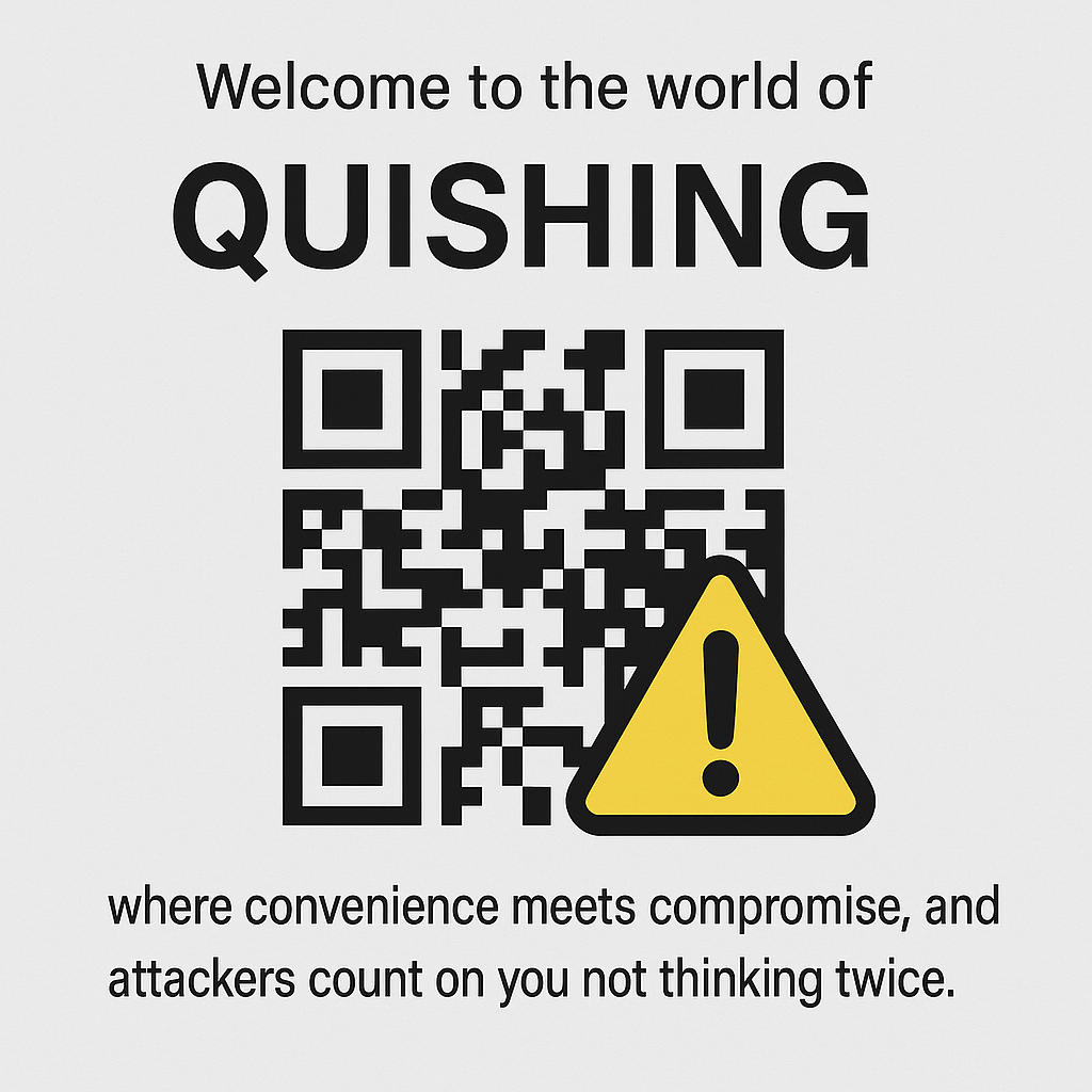 Image showing a QR code with a warning and stating that quishing is where convenience meets compromise.