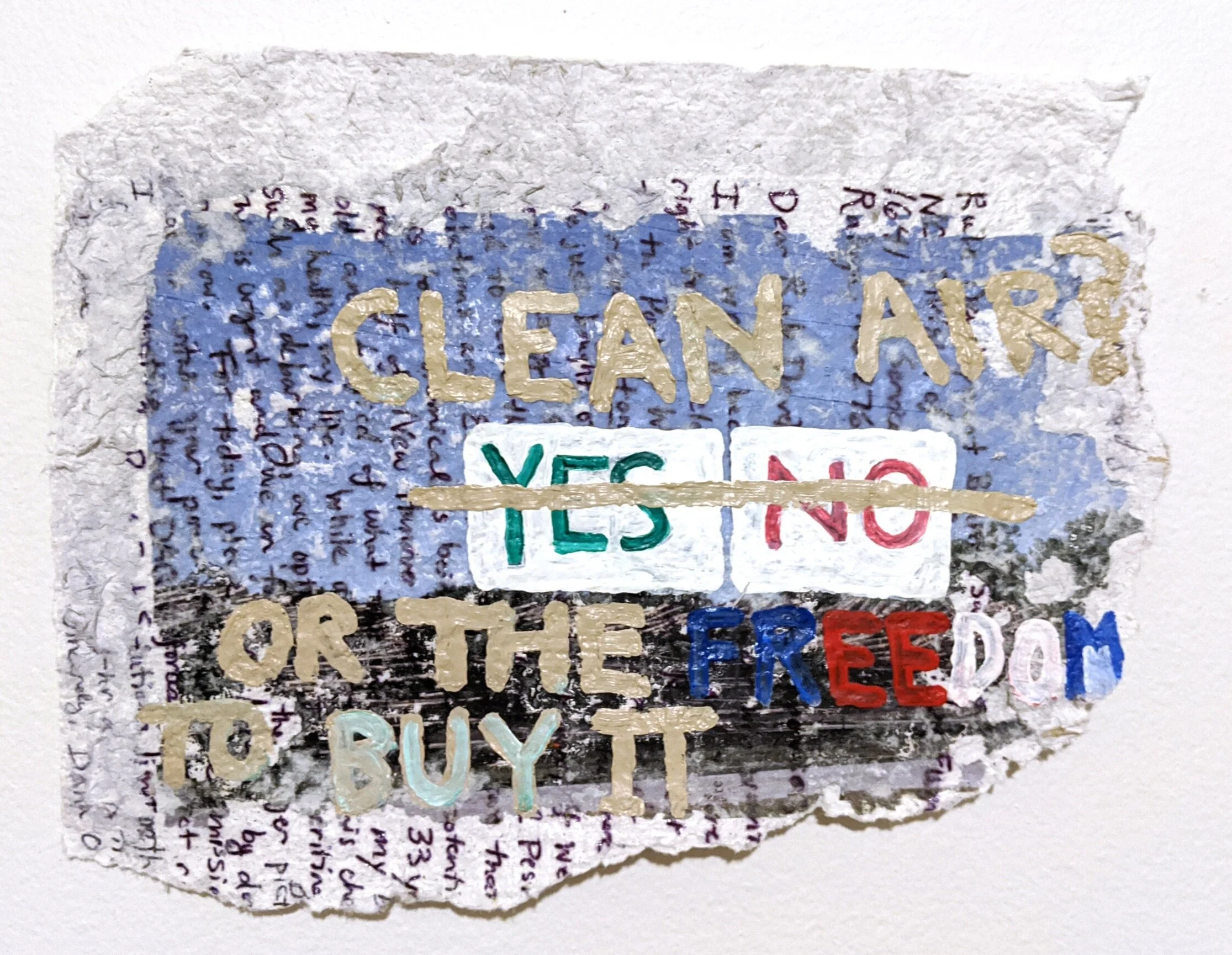 Portside , 2020 10” x 7” Acrylic, photo transfer, watercolor, and pen on the rough draft of a handwritten letter on paper made from office scraps to the NC DAQ (regarding methyl bromide regulations at the Port of Wilmington). Image Descriptio