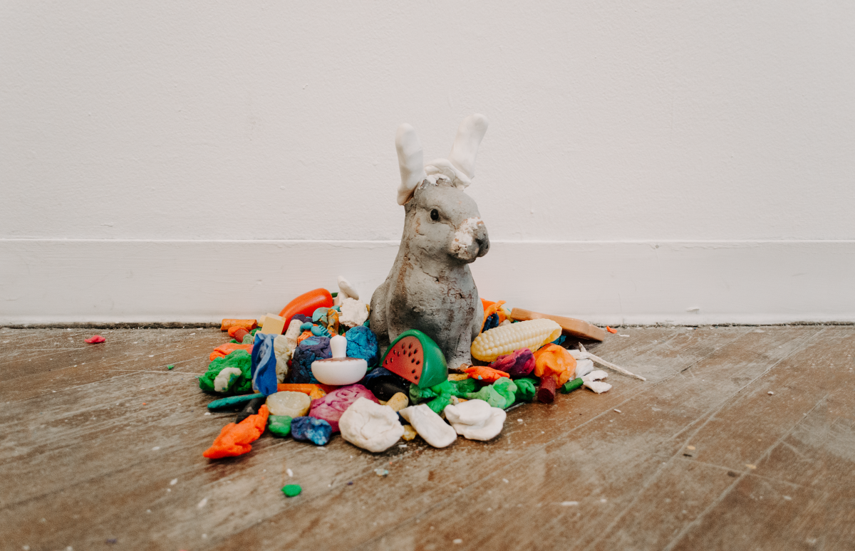 Installation view of Hold On, I Love You, a solo installation at Pink Noise Projects in February 2025. Hold On, I Love You explores early parenthood and navigating relationships with self, loved ones, strangers, ecosystems, and animals in tod