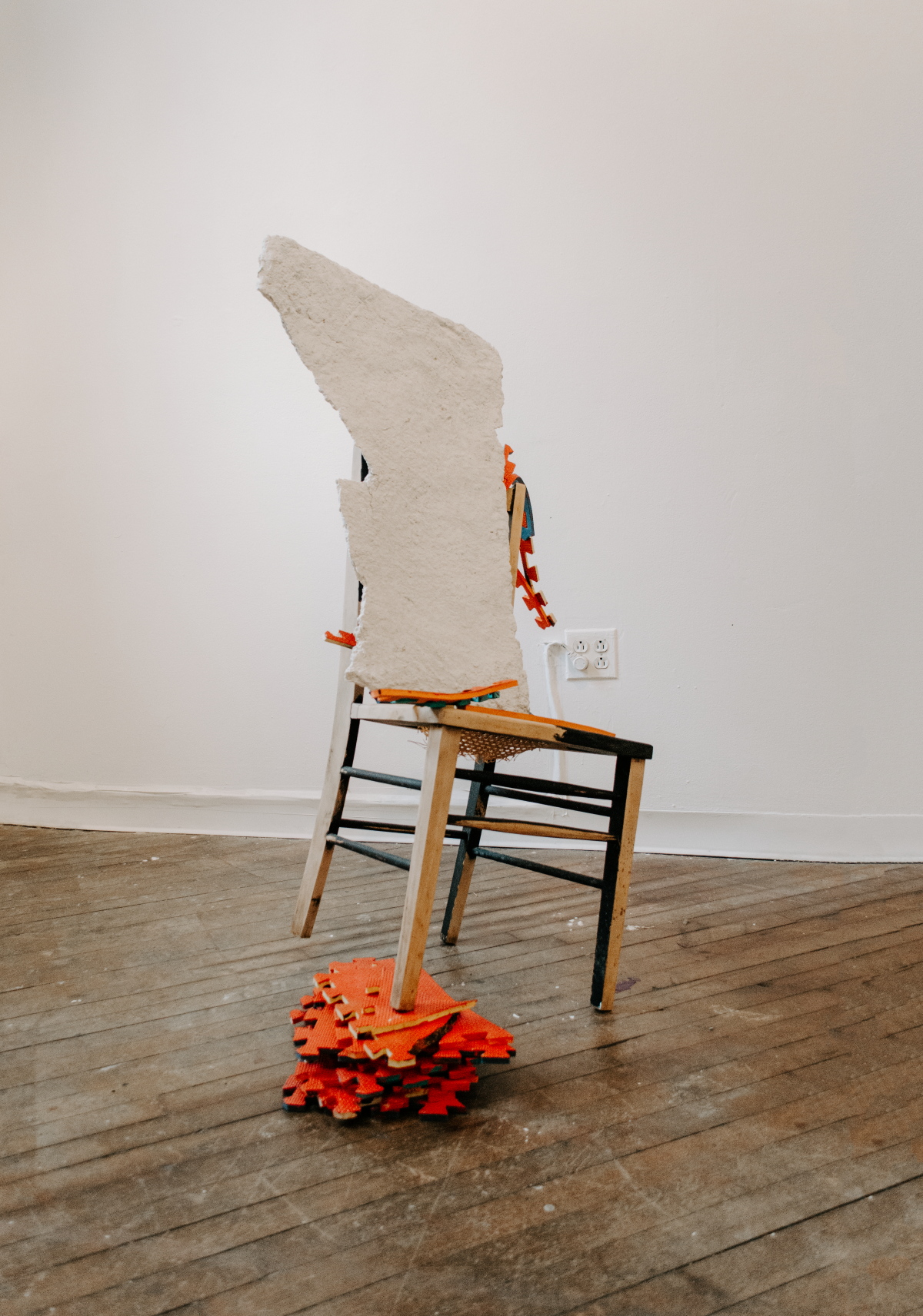 Installation view of Hold On, I Love You, a solo installation at Pink Noise Projects in February 2025. Hold On, I Love You explores early parenthood and navigating relationships with self, loved ones, strangers, ecosystems, and animals in tod