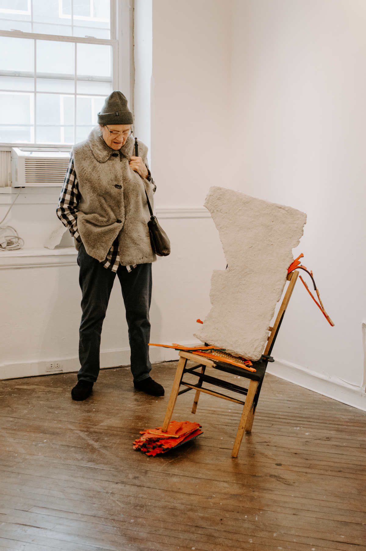 Installation view of Hold On, I Love You, a solo installation at Pink Noise Projects in February 2025. Hold On, I Love You explores early parenthood and navigating relationships with self, loved ones, strangers, ecosystems, and animals in tod