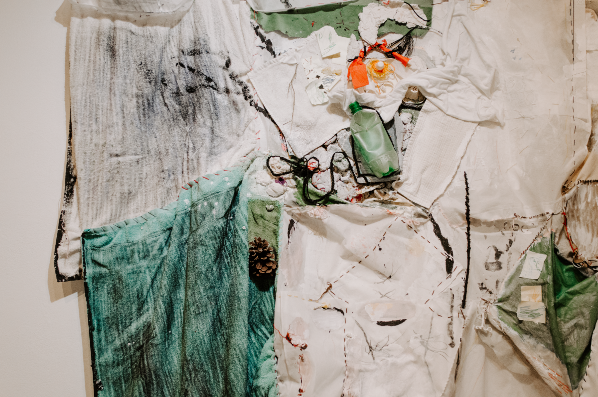 Installation detail of Hold On, I Love You, a solo installation at Pink Noise Projects in February 2025. Hold On, I Love You explores early parenthood and navigating relationships with self, loved ones, strangers, ecosystems, and animals in t