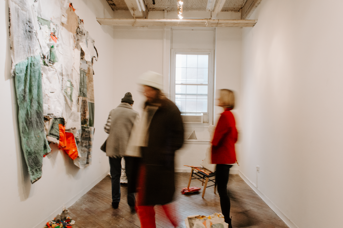 Installation view of Hold On, I Love You, a solo installation at Pink Noise Projects in February 2025. Hold On, I Love You explores early parenthood and navigating relationships with self, loved ones, strangers, ecosystems, and animals in tod