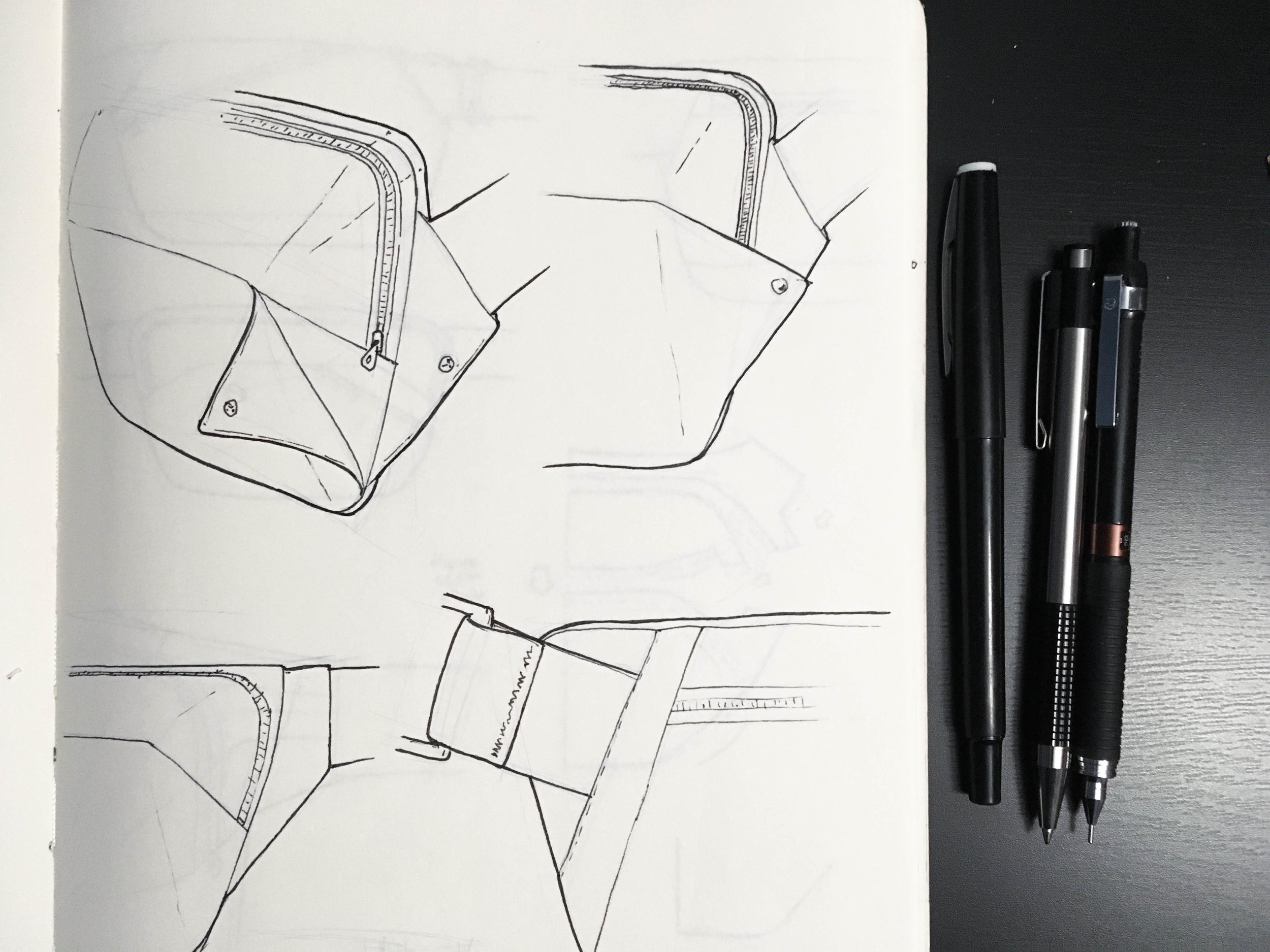 Thinking through different strap attachments and methods to hide the zipper tab as a safety measure.