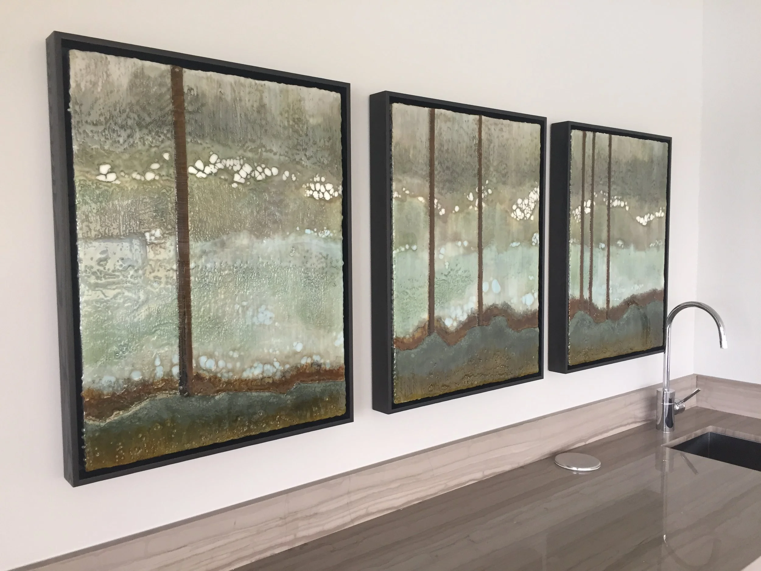   Sapere   Abstract Encaustic Painting on cradled wood panel  (3) panels at 18" x 24"&nbsp; Artwork - Float Framed in graphite stained hardwood (ash).     Private Collection  