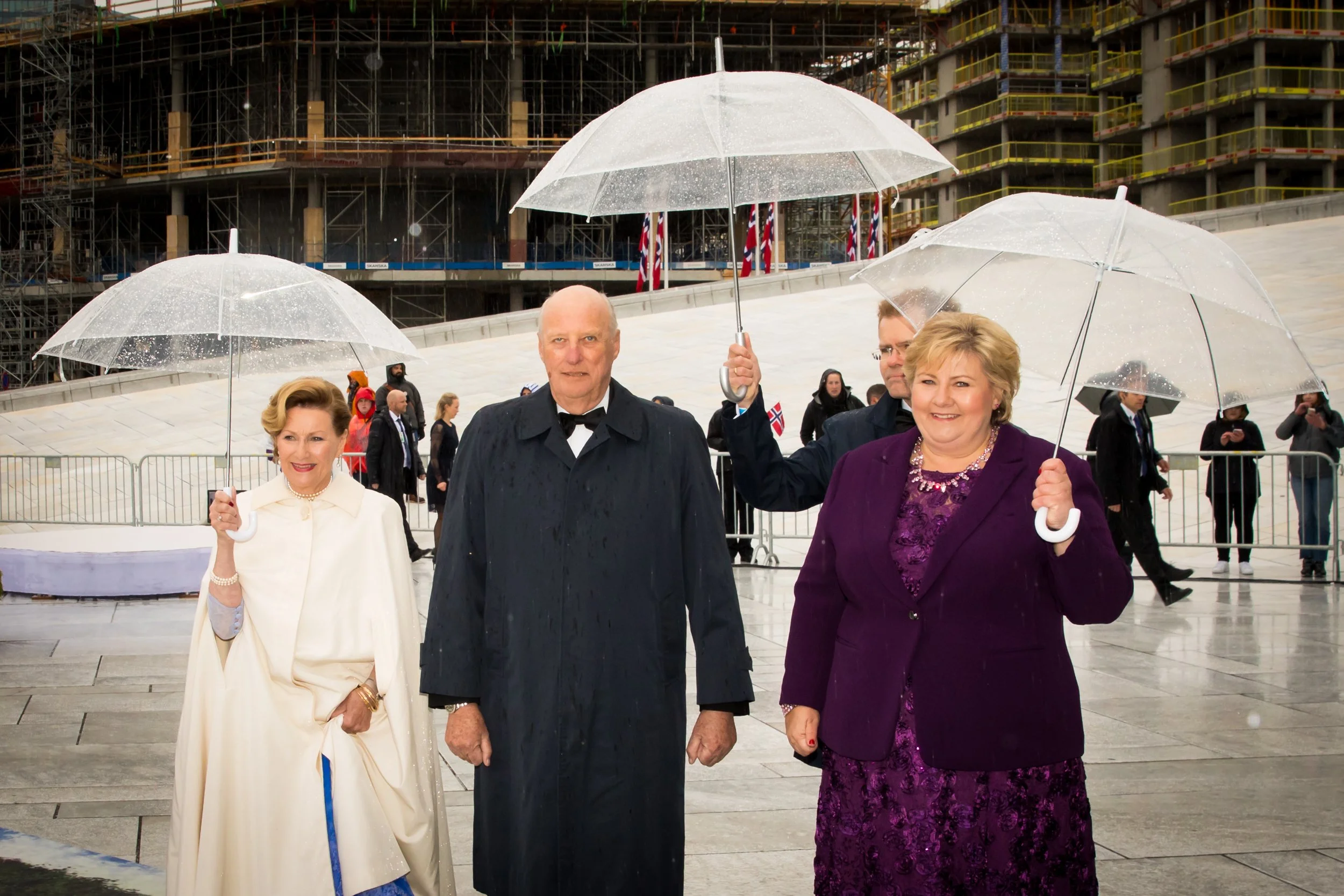  King Harald V, Queen Sonja and Erna Solberg arriving at Oslo Opera House attending their 80th birthdays.
