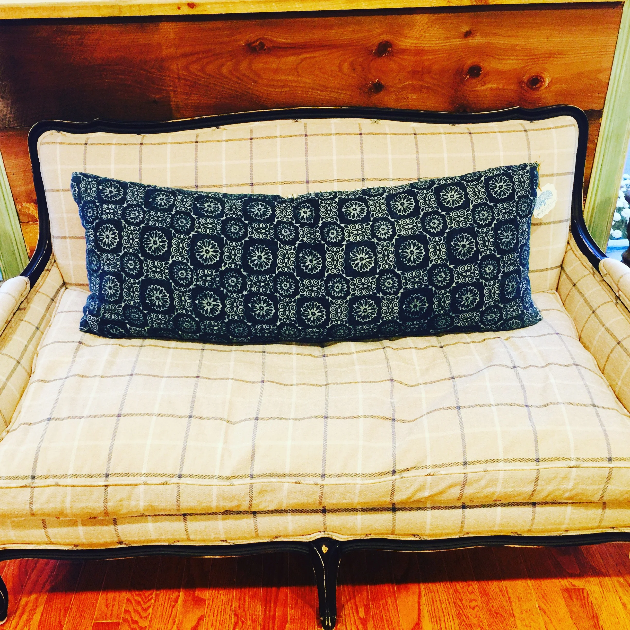 Indigo Batik Pillow & Vintage Down Plaid Sofa