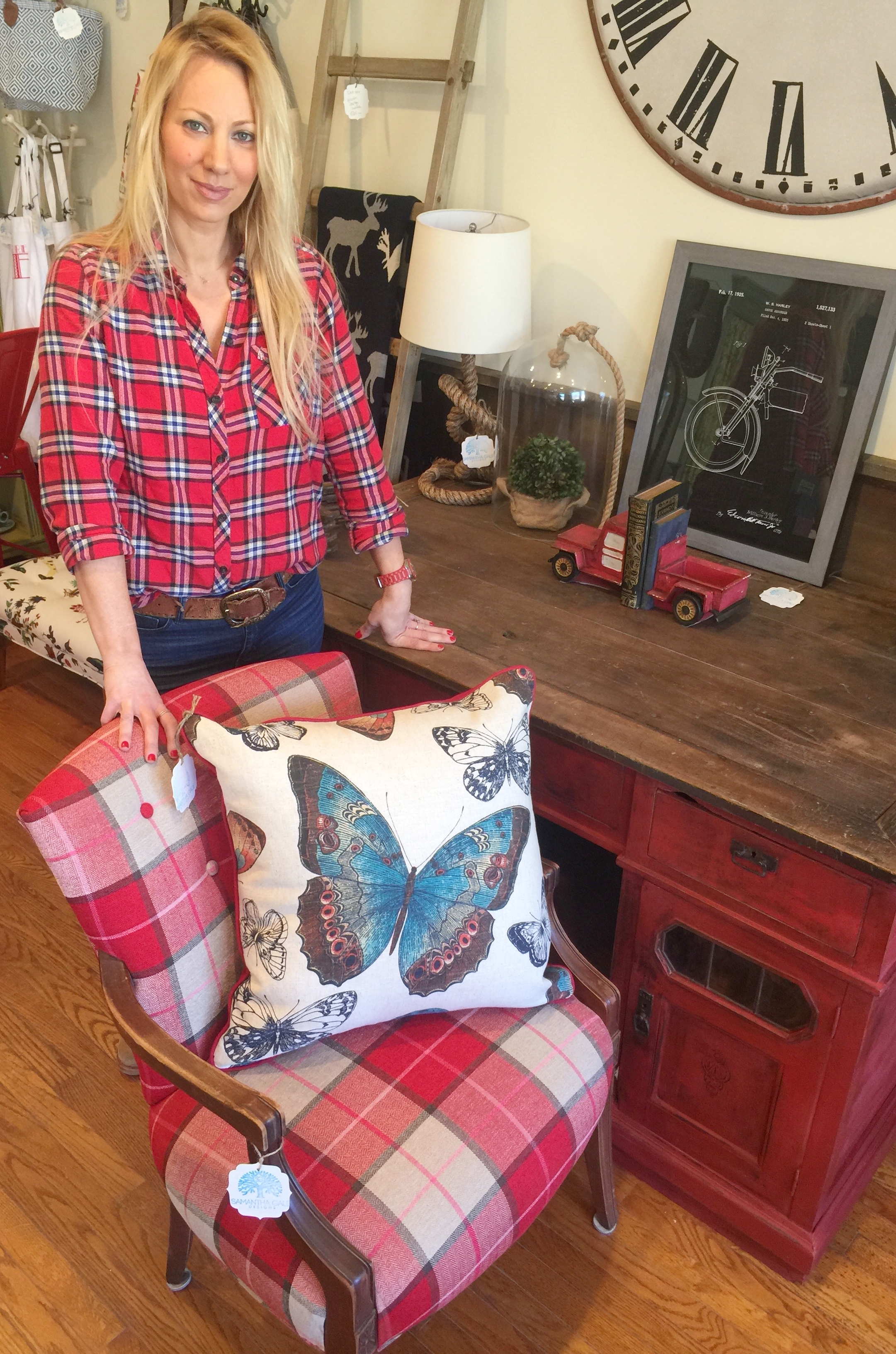 Samantha Gale Thomas Owner/Designer with Vintage Turn of Century Redesigned Barn Desk and Custom Chair and Linen Butterfly Pillow