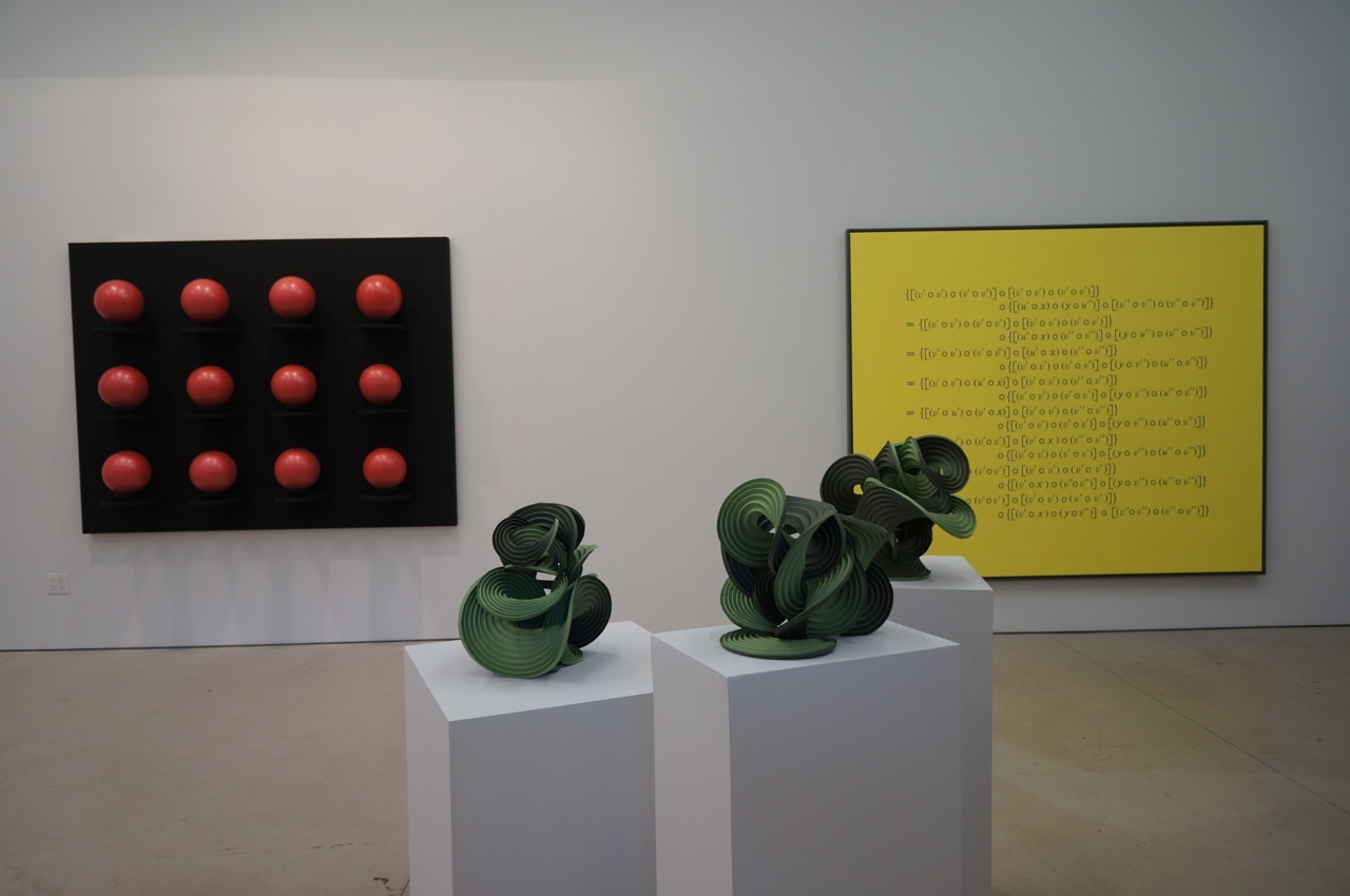 Jane Philbrick, Floating Sculpture '09, 2009 (left); Erik and Martin Demaine, 0271, 0272, 0273, 2012 (center); Bernar Venet, Related to: 'Commutative Operation', 2001 (right)