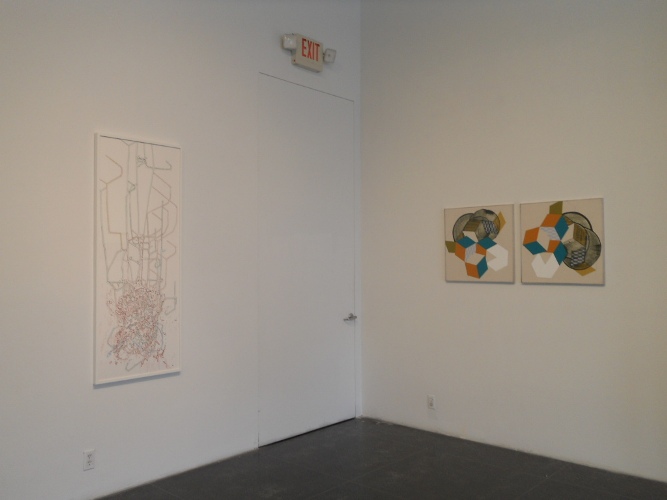 Felice Grodin, Networked, 2012 (left); Ramon Bofill, Rhombi: Orange, Turquoise, White, #1, 2012 (right)