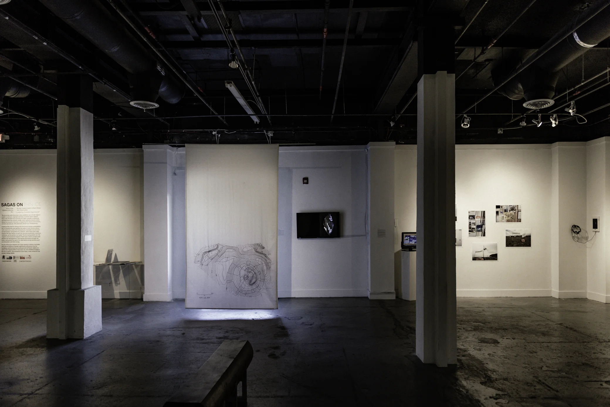 From left to right : Anna Líndal,Bryndís Snæbjörnsdóttir & Mark Wilson, Kjánska collective Anna Líndal, Newborn. 2006, Emboidered map on linen, 111.5 x 65 Bryndís Snæbjörnsdóttir & Mark Wilson, You must carry me now. 2016, Video Loop Kjánska collective, The Ground Breaking Tour 2008. 2008, Video, photographs, sound