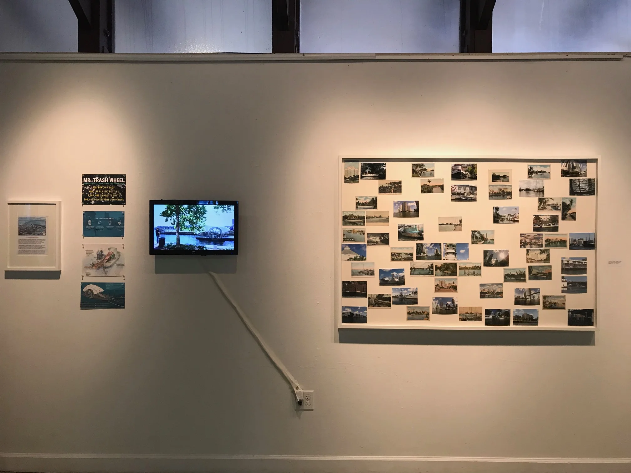 From left to right: Miami River Show , Gustavo Oviedo "Mr.Trash Wheel" Project 4 videos compilation Gustavo Oviedo “Miami River” , 2016 eBay items and photo prints (detail) 61” x 41