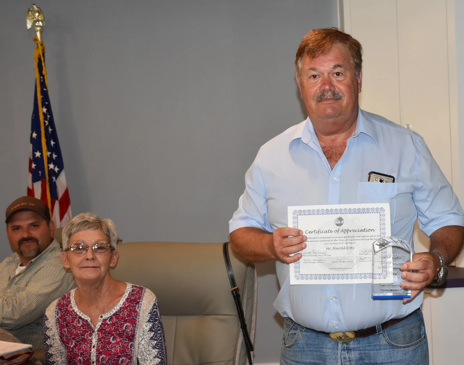 Certificate of Appreciation and plaque presented to outgoing Mayor Doty, as Debbie Alongis, Position 5 and Macedonio Salinas, Position 4 are also present