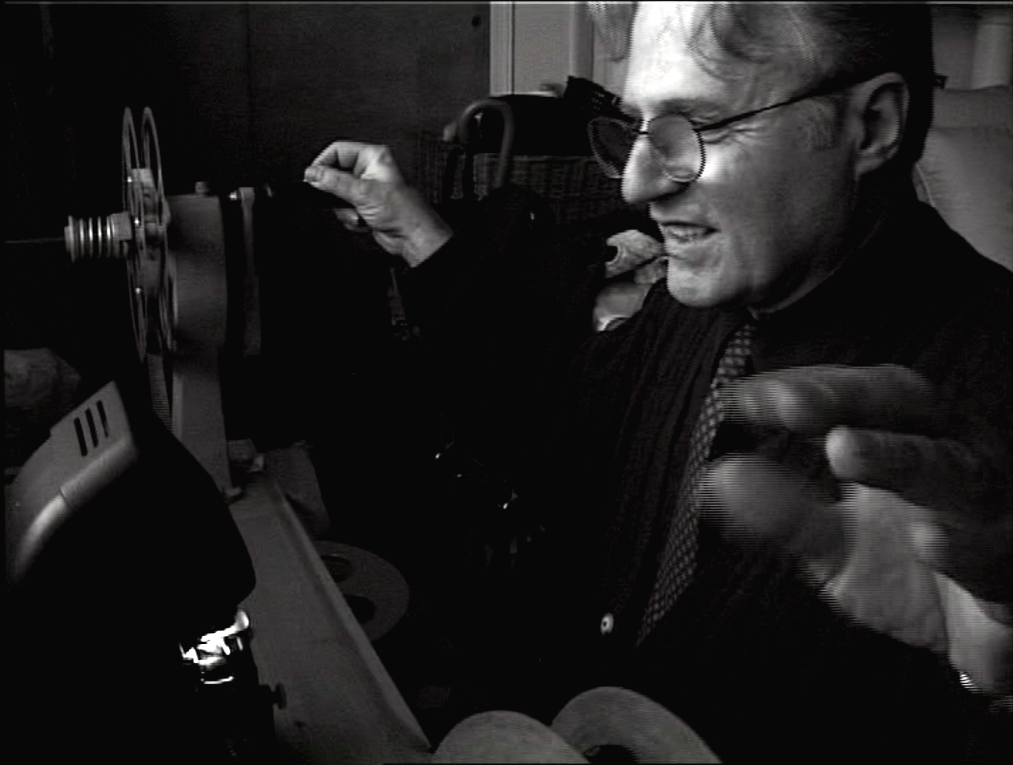 Artist Gerard Malanga viewing rare film from Marie Menken’s Archive.