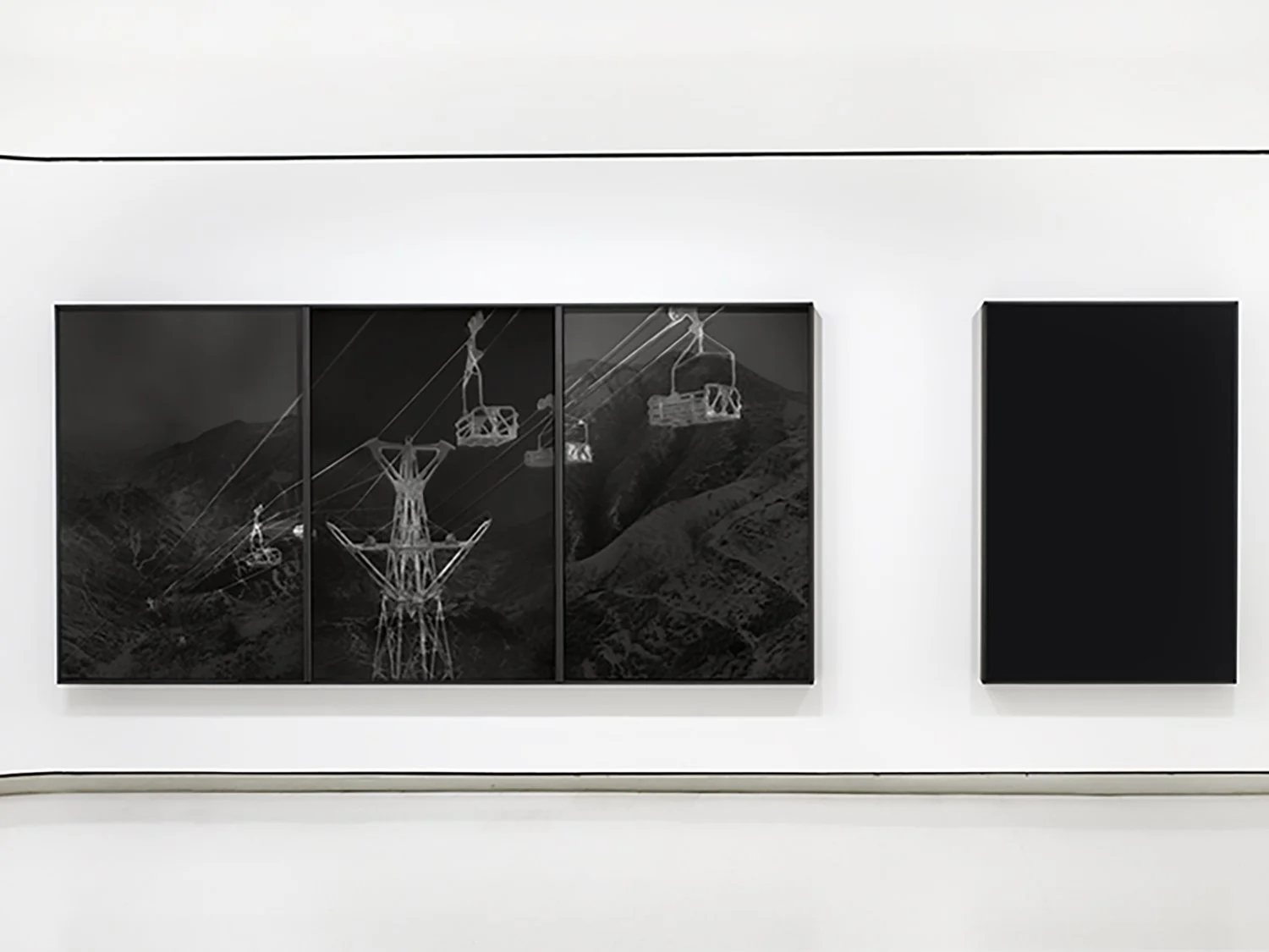 Spectre (La Teleferica), Archival pigment prints, CNC router etching, smoked gray Plexiglass 4 panels, each 6 feet x 4 feet x 4.25 inches, , 2020
