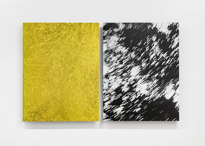 What comes into being (Ricochet), Mylar on aluminum, Archival pigment print on aluminum, 52 x 40 inches each, 2025