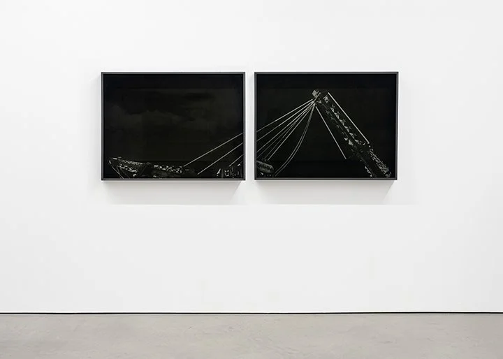 Spectral Fragment, V (Sky Ride), Archival pigment print, CNC etching on smoked gray plexiglass, two panels, each 30 x 40 x 4 inches, 2025