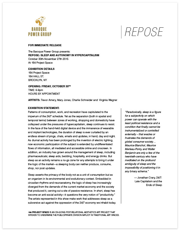 Press Release for Repose, a show curated by the BPG