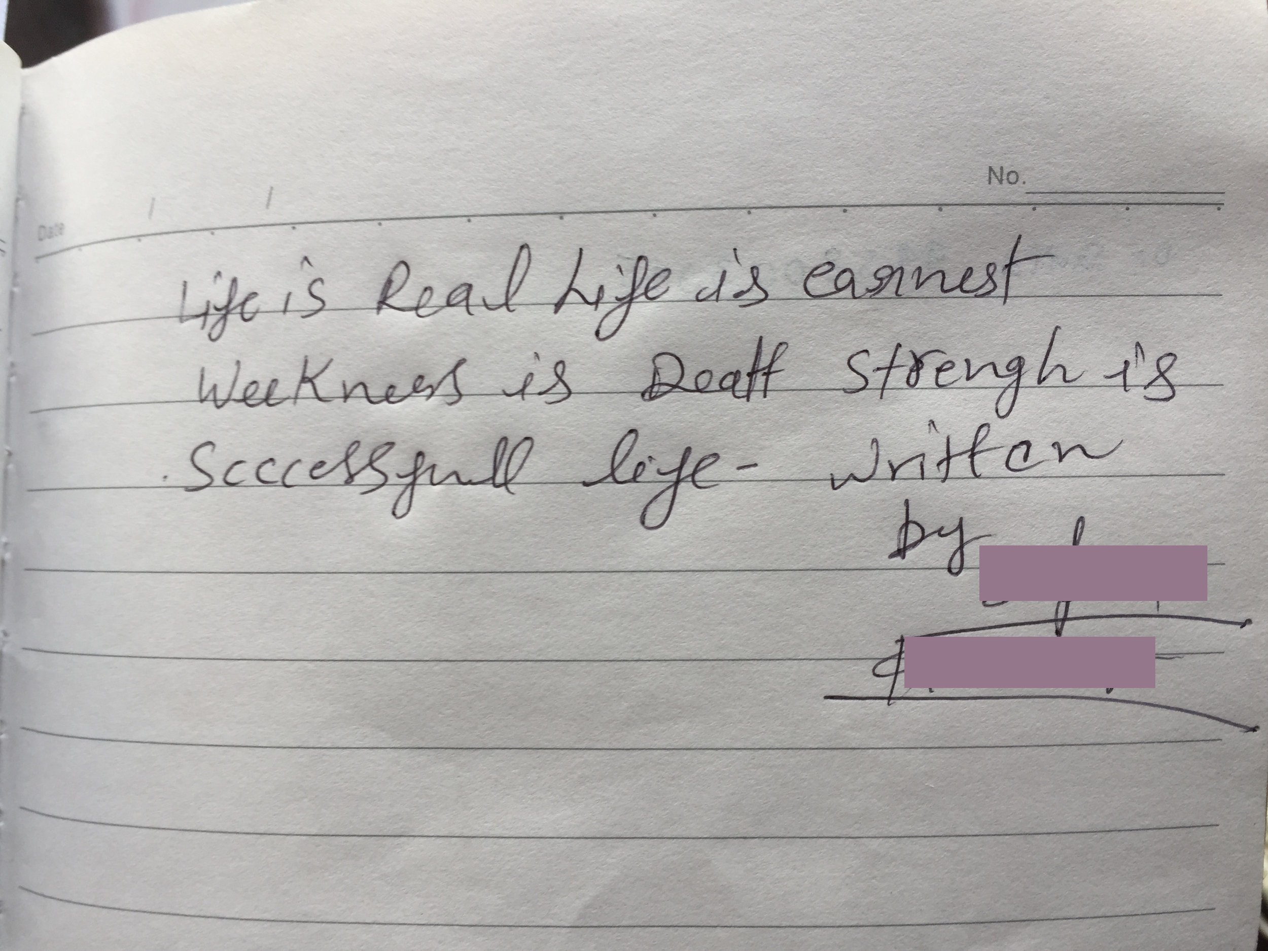 What Shalini wrote in my notebook. - Photo courtesy of Korisa.