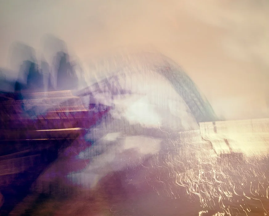 An abstract view of Sydney Harbour created using the Intentional Camera Movement technique. Note what happened with the specular highlights on the water in the bottom right, but in this case I think it works.