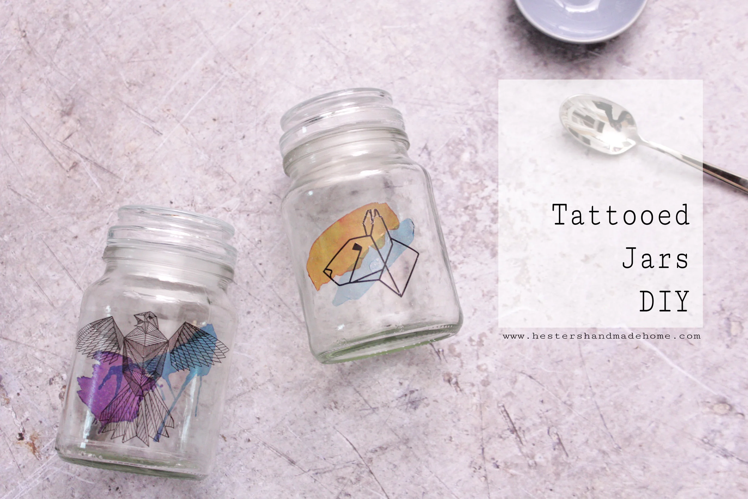 Upcycle your old jars with temporary tattoo's, tutorial by www.hestershandmadehome.com