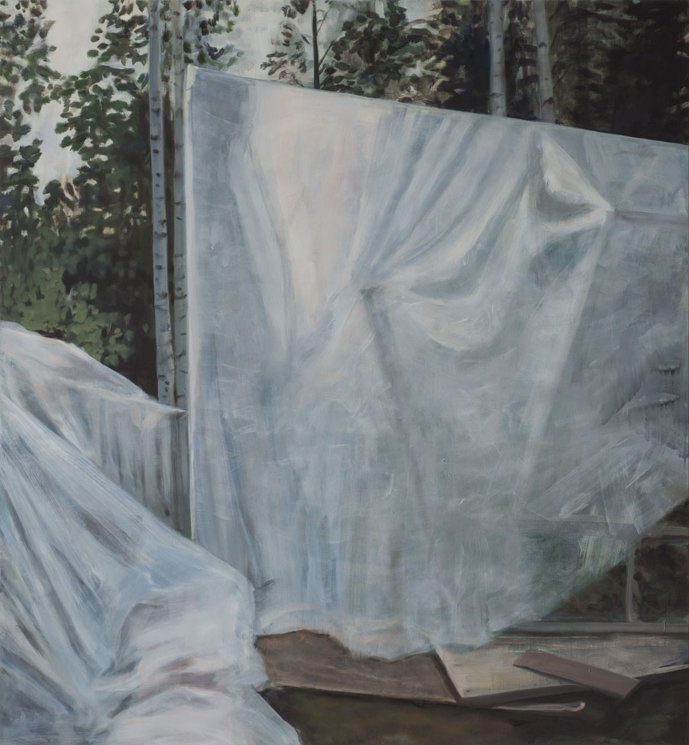Justine Skahan, Home , 2016. Oil on canvas stretched over wood, 52 x 48 in.