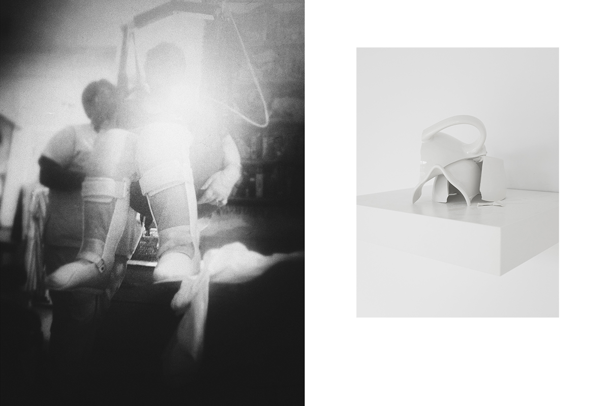 Left image: Julia Martin, Coming Down ( 2015); photograph, 42x56" Right image: Julia Martin, Spilled Milk (2015) ; broken milk pitcher/installation 