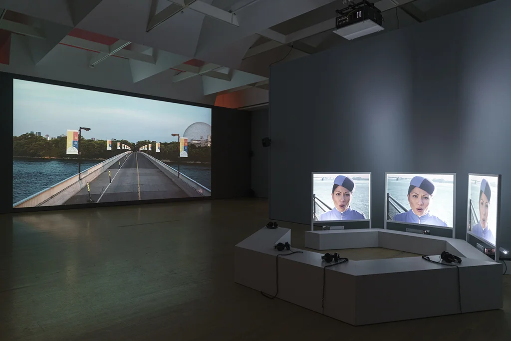 Installation view of In Search of Expo 67, David K. Ross, As Sovereign as Love (2017) and Cheryl Sim, Un Jour, One Day (2017). Photo courtesy of Guy L’Heureux