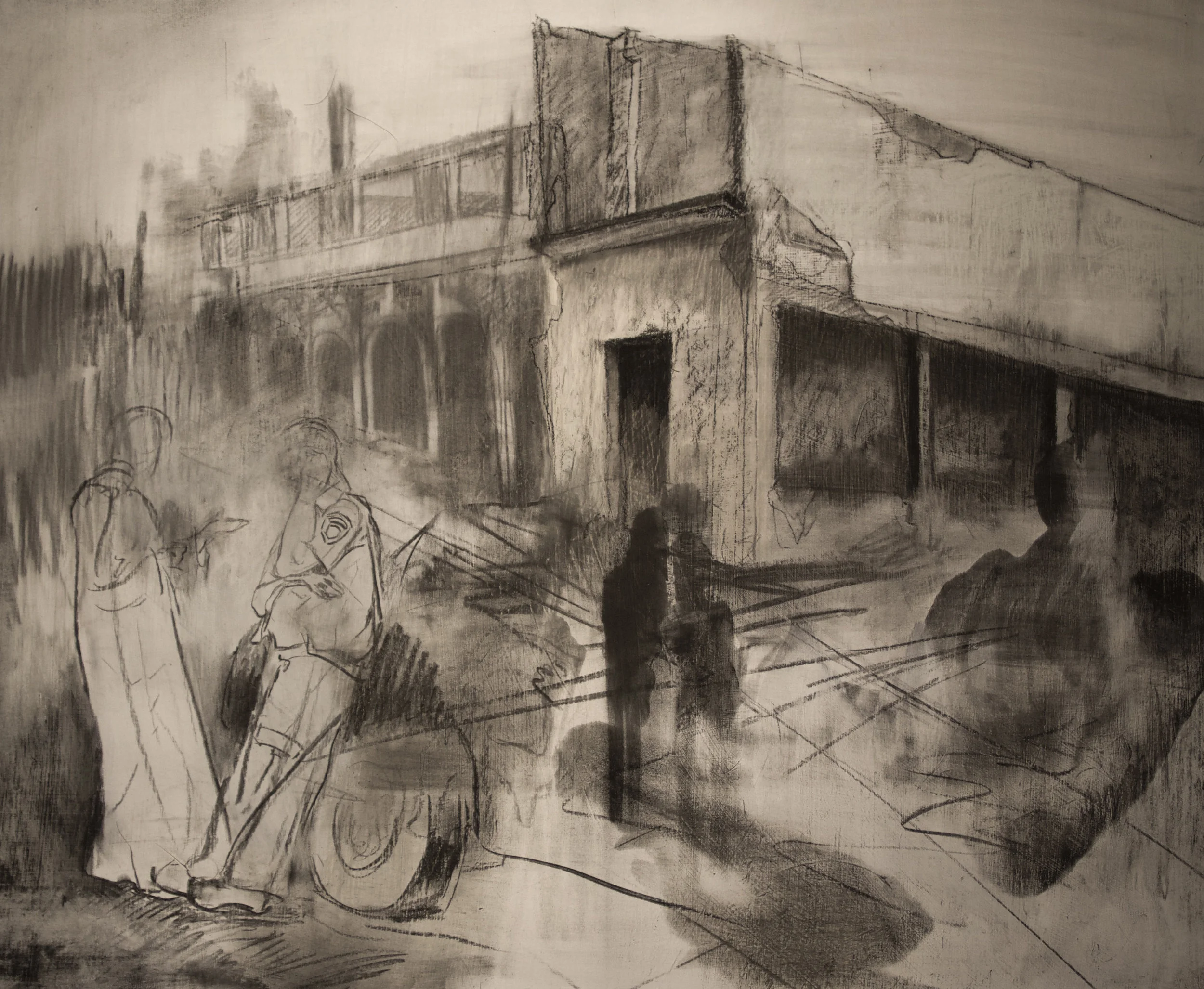 Your House Was Too Close to the Road, Charcoal on Panel, 30 x 36 inches / Ta maison était trop près du chemain, fusain sur panneau, 30 x 36 pouces.