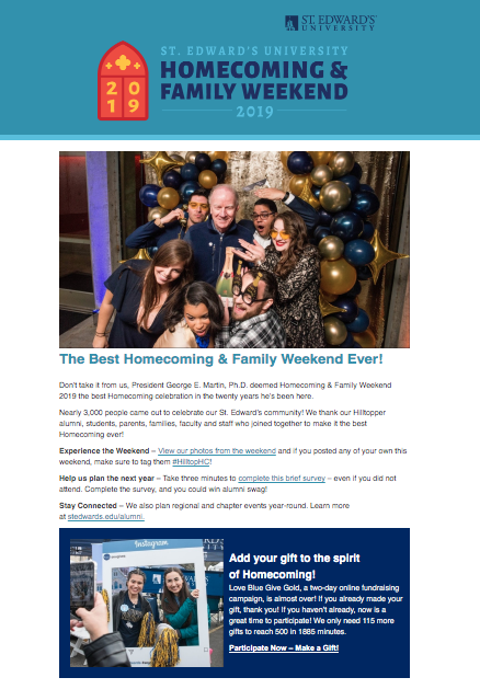 Screenshot of Homecoming & Family Weekend Email