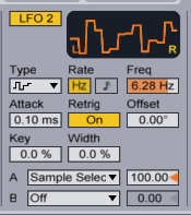 The LFO modulates the Sample Selector using a Random waveform.