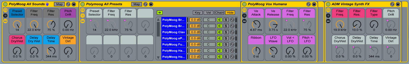 This multi-layered Instrument Rack gives you access to every Polymoog preset and some useful effects, all in one preset. 